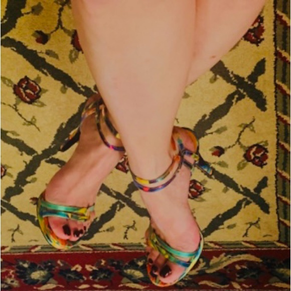 Nine West Printed Satin Platform High Heels Size 6.5M Double Ankle Straps - Picture 2 of 4